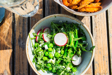 Lunch with Salad from grilled Broccoli and Baked Sweet Potato Fries