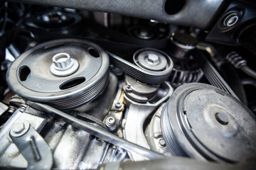 Close-up of car engine and components