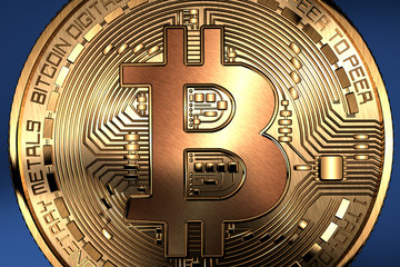 Bitcoin. Pièce de bitcoin vue du dessus en gros plan