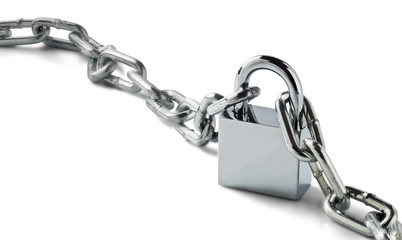 chrome metal padlock, chains on isolated white background with shadows. object for protection and...