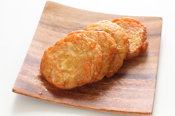 Japanese food, Satsumaage fish cake on wooden plate