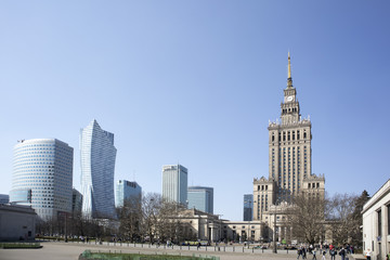 Fototapeta na wymiar View on Palace of Culture an Science and modern office buildings
