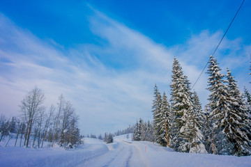 Outdoor view of winter road covered with heavy snow and ice in the forest