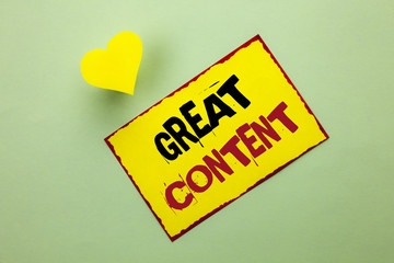 Word writing text Great Content. Business concept for Excellent Information Valuable Interesting Good Convenient written on Yellow Sticky Note Paper on the Plain background Heart next to it.