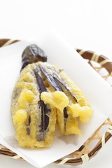 Japanese food, eggplant deep fried Tempura on bamboo basket