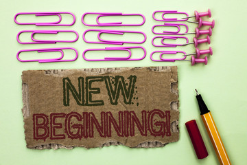 Handwriting text writing New Beginning Motivational Call. Concept meaning Fresh Start Changing Form...