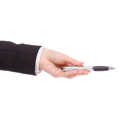 A pen in female hand signature business woman black jacket