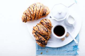 Croissant Coffee Espresso and Milk Tradition Sunset Morning Baking Sweet Dessert on the White Background