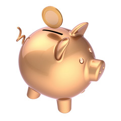 Piggy bank and coin golden invest rich symbol. Save money donate payment banking wealth earning finance concept luxury. 3d illustration isolated on white background