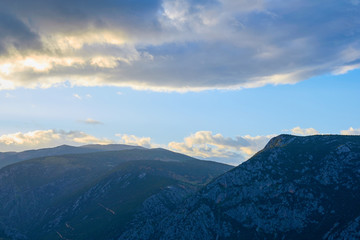Fototapeta na wymiar Mountains in Delphi. View from Delphi archaeological site