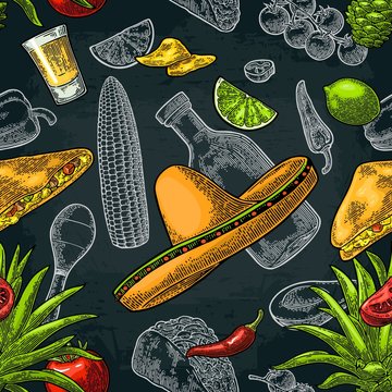 Seamless pattern mexican food. Glass tequila, bottle, sombrero, tacos, vegetables.