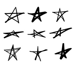 Stars doodle black vector geometric set. Cute hand drawn stars on white background. Vector illustration for print, textile, paper. Sketch hand drawn abstract grunge star set.Brush rough marker