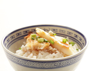 Chinese food, pan fried flat fish and spring onion on white rice