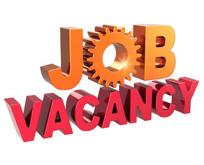 Job vacancy announcement text red gear wheel golden. Unemployment employment opportunity concept. Jobless work searching support banner. 3d render isolated on white background