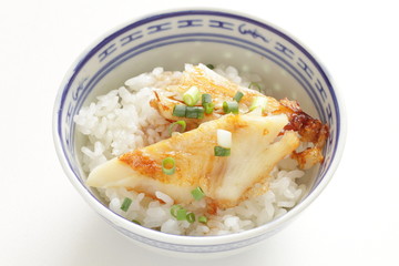 Chinese food, pan fried flat fish and spring onion on white rice