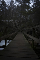 Fototapeta na wymiar Bridge over a lake and stairway up a mountain, to a forest. Nackareservatet - nature reserve in Sweden