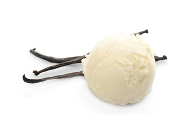 Ball of tasty vanilla ice cream and pods on white background