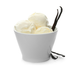 Bowl with tasty vanilla ice cream and pods on white background