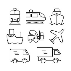 Transportation logistic icon set. Delivery vehicles icons. Ship, train, van, truck, forklift and airplane icons