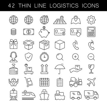 Thin line logistics icon set. Cargo and delivery service icons. Black outline, no fill, fully editable.