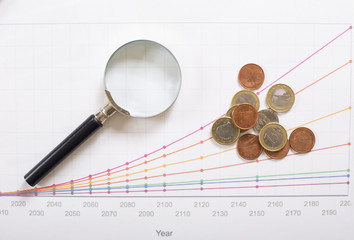  magnifier and coins on the increase graph
