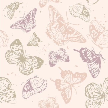 Seamless pattern. Delicate pastel pattern with butterflies. Printing with in hand drawn style. Background for textile, manufacturing, book covers, wallpapers, print or gift wrap.