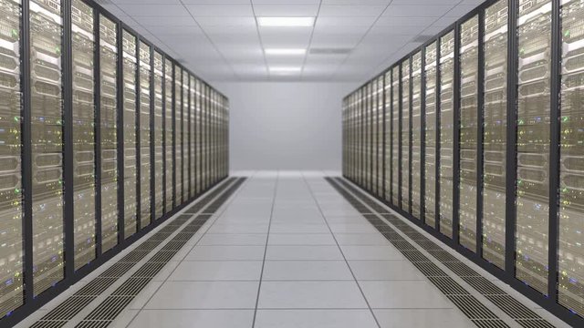 3D rendering of modern working data servers with flashing LEDs. Server room in date-center