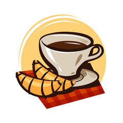 Cup of coffee, tea and croissant. Hot drink, dessert logo or label. Cartoon vector illustration