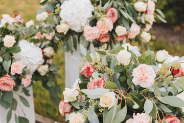 Wedding decorations including eucalyptus and peonies