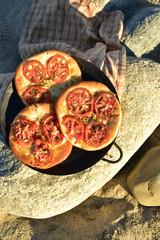 tomato foccacia bread at the seashore