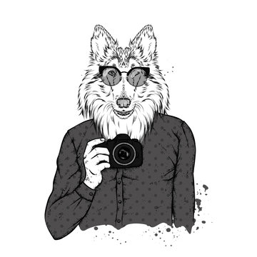 Hipster dog with human body and camera. Animal in clothes. Vector illustration.
