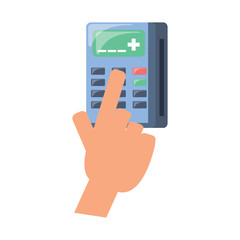 hand with calculator icon over white background, colorful design. vector illustration
