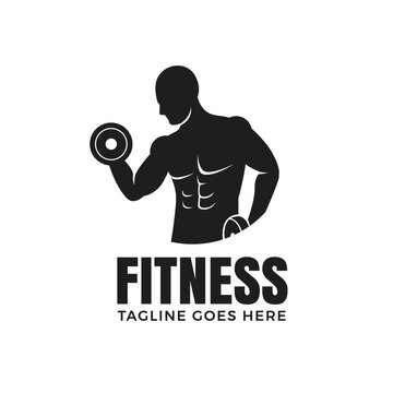 Fitness man with dumbbells logo design isolated on white background