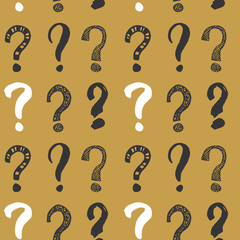 Questions marks seamless pattern. Hand drawn sketched doodle signs, grunge textured retro background. Vintage typography design print, vector illustration
