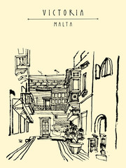 Mediterranean cityscape. Victoria, Gozo island, Malta, Europe. Hand drawn touristic postcard