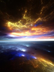 Fractal horizon: fiery geometric sunrise over an alien ocean