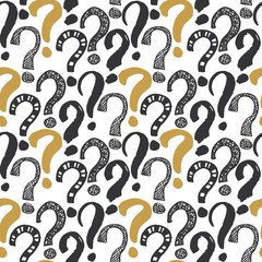 Questions marks seamless pattern. Hand drawn sketched doodle signs, grunge textured retro background. Vintage typography design print, vector illustration