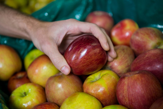 Man holding apple in supermarket
