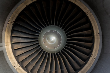 Blades of an aircraft engine close-up. Travel and aerospace concept