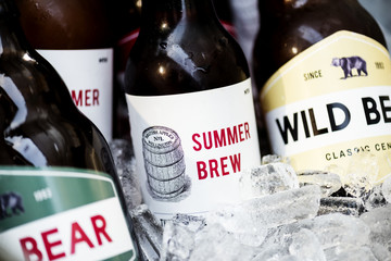 Closeup of beers chilling in ice