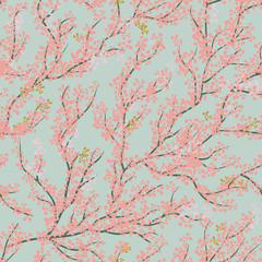 Fototapety  Tło wzór z drzewa sakura. Piękne japońskie tło z różowym kwiatem sakury na niebieskim tle-japońska wiśnia.Ilustracja wektorowa