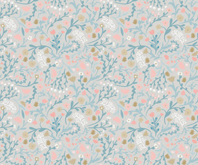 Meadow. Wildflowers pattern. Hand drawn Floral pattern. Seamless vector texture. Elegant template for fashion prints. Surface with meadow flowers and herbs. Gray background. blue-pink color