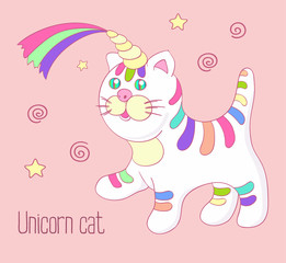 Unicorn cat with rainbow horn and stripes isoleted
