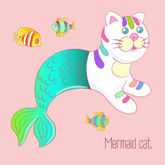 Cute mermaid cat purrmaid with green tail