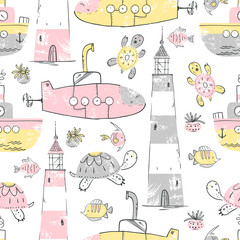 Cute ocean theme seamless pattern. Sea transport and lighthouse.