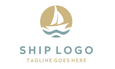 Ship Yacht Dhow Sail Boat Silhouette with Ocean Sea Wave and Sun for Sailing logo design 