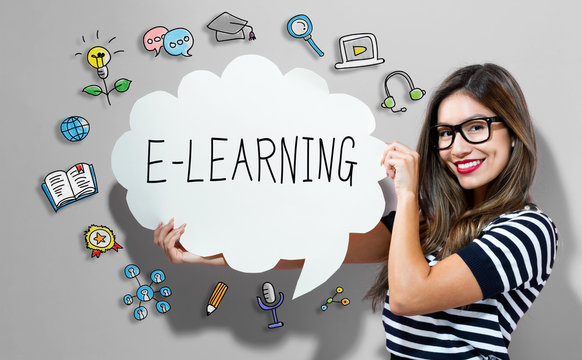 E-Learning text with young woman holding a speech bubble