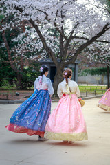Asian Korean woman dressed Hanbok in traditional dress walking in Gyeongbokgung Palace