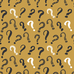 Questions marks seamless pattern. Hand drawn sketched doodle signs, grunge textured retro background. Vintage typography design print, vector illustration