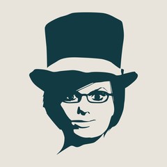 Face front view. Elegant silhouette of a woman wearing top hat and spectacles
